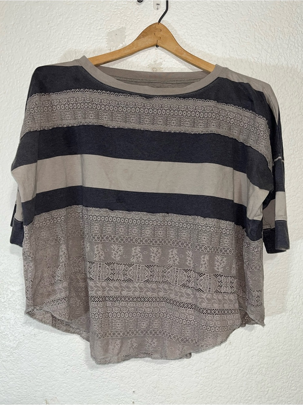 We The Free Black and Gray Striped Lace-Trim Boxy Tee